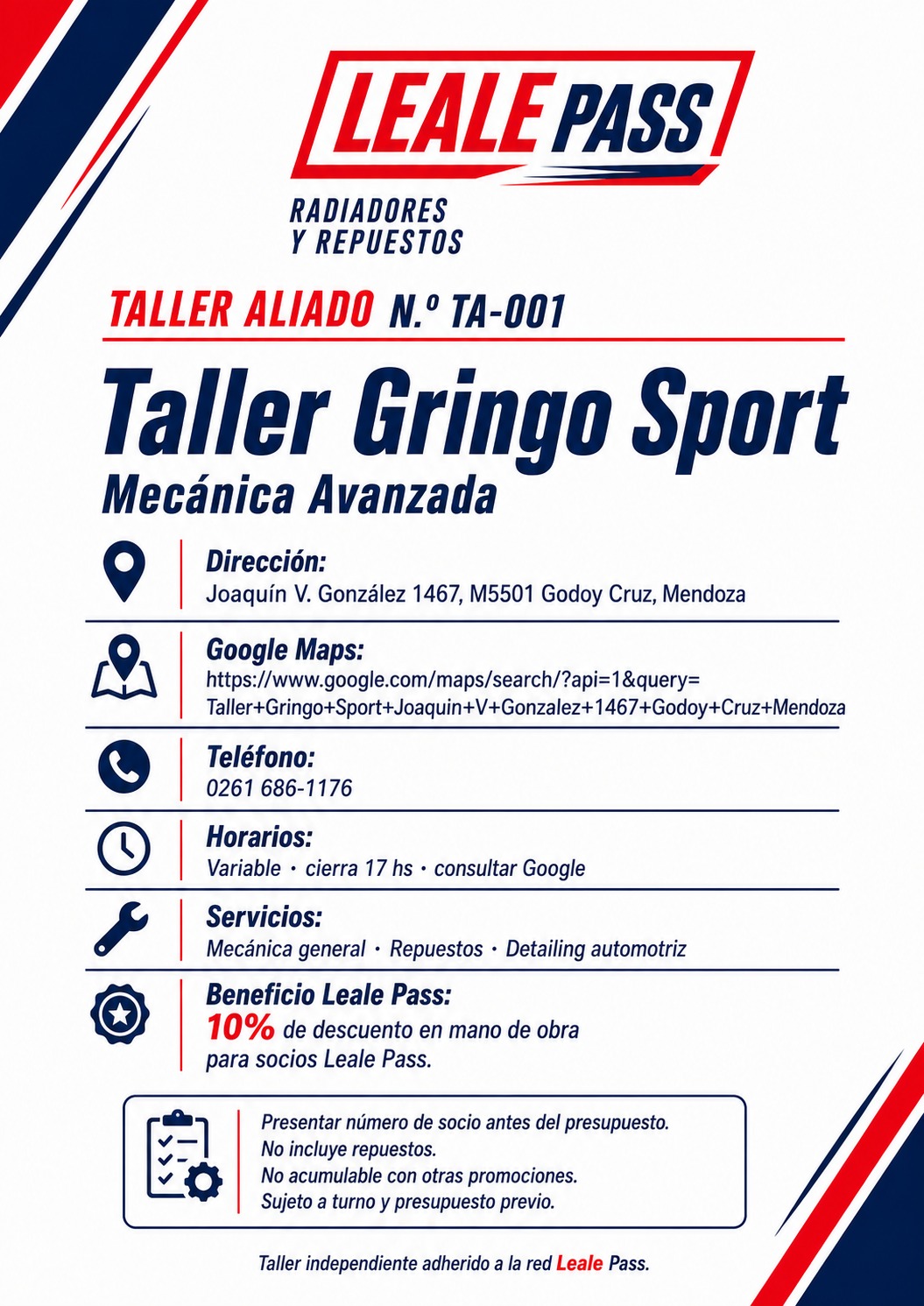 Ficha oficial TA-001: Taller Gringo Sport - Mecánica Avanzada